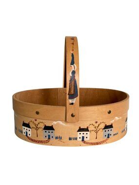 Hand Painted Folk Art Shaker Style Wood Basket Country Amish Primitive PA Dutch